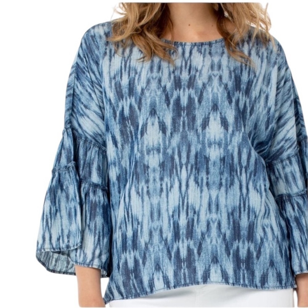LIVERPOOL Los Angeles Blue White Ikat Print 3/4 Bell Sleeves Top Women's Size XL